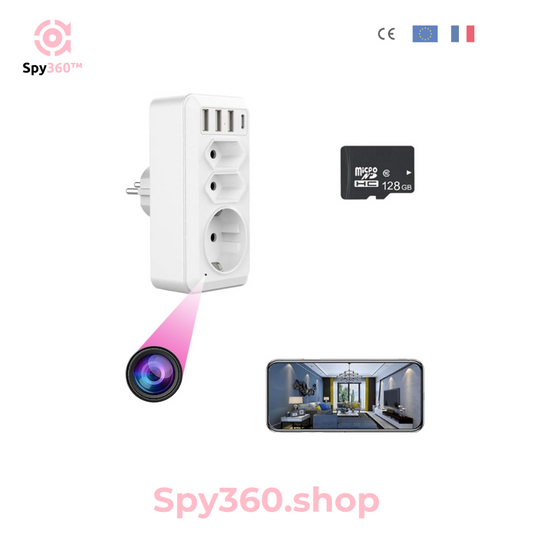 Spy360™ | Caméra Cachée Multifonction avec Prise UE, Ports USB et Type-C, Vision Nocturne HD et Surveillance à Distance